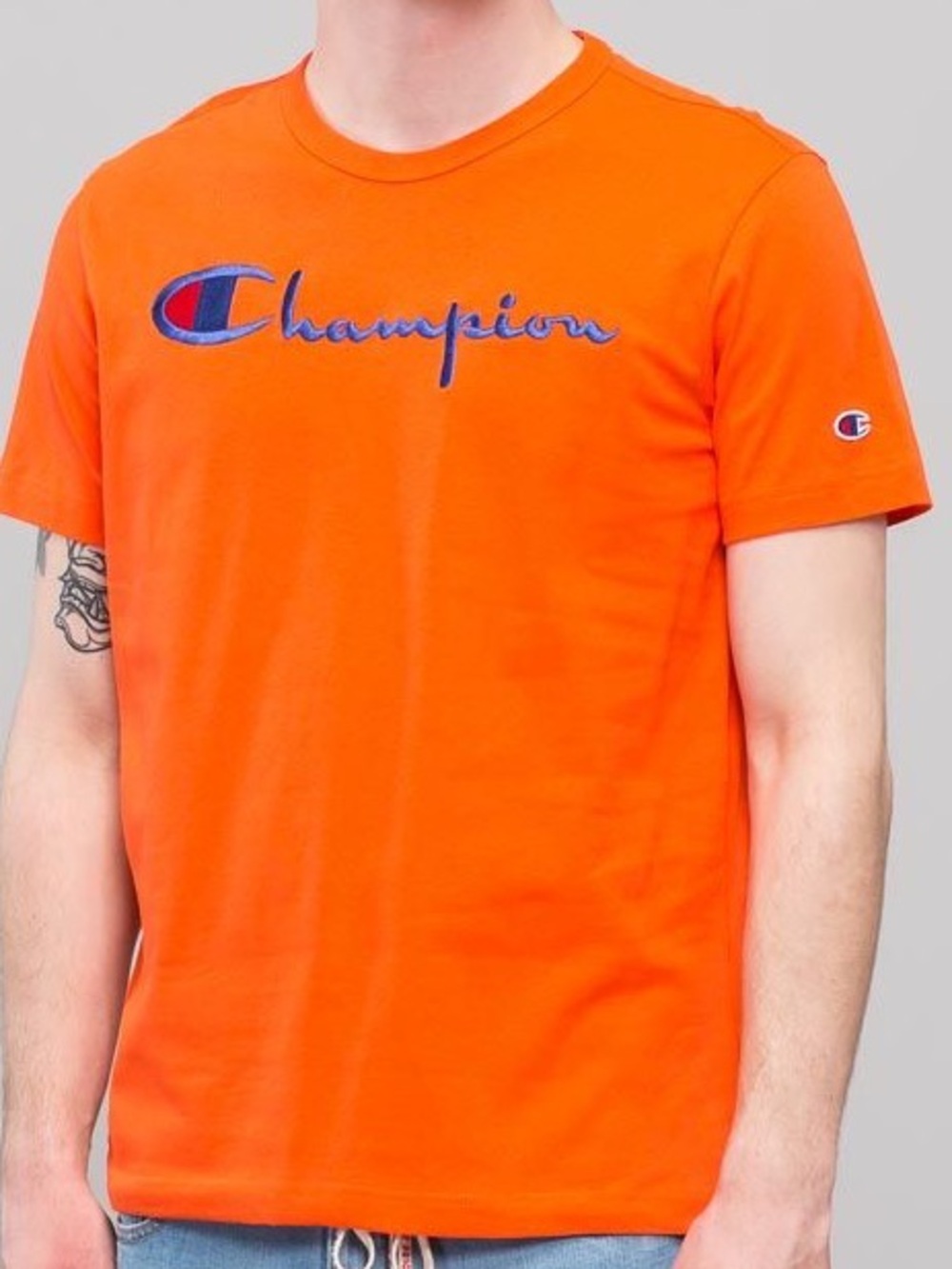 Champion Bright Orange Tee with Blue Script Logo- X-Large
